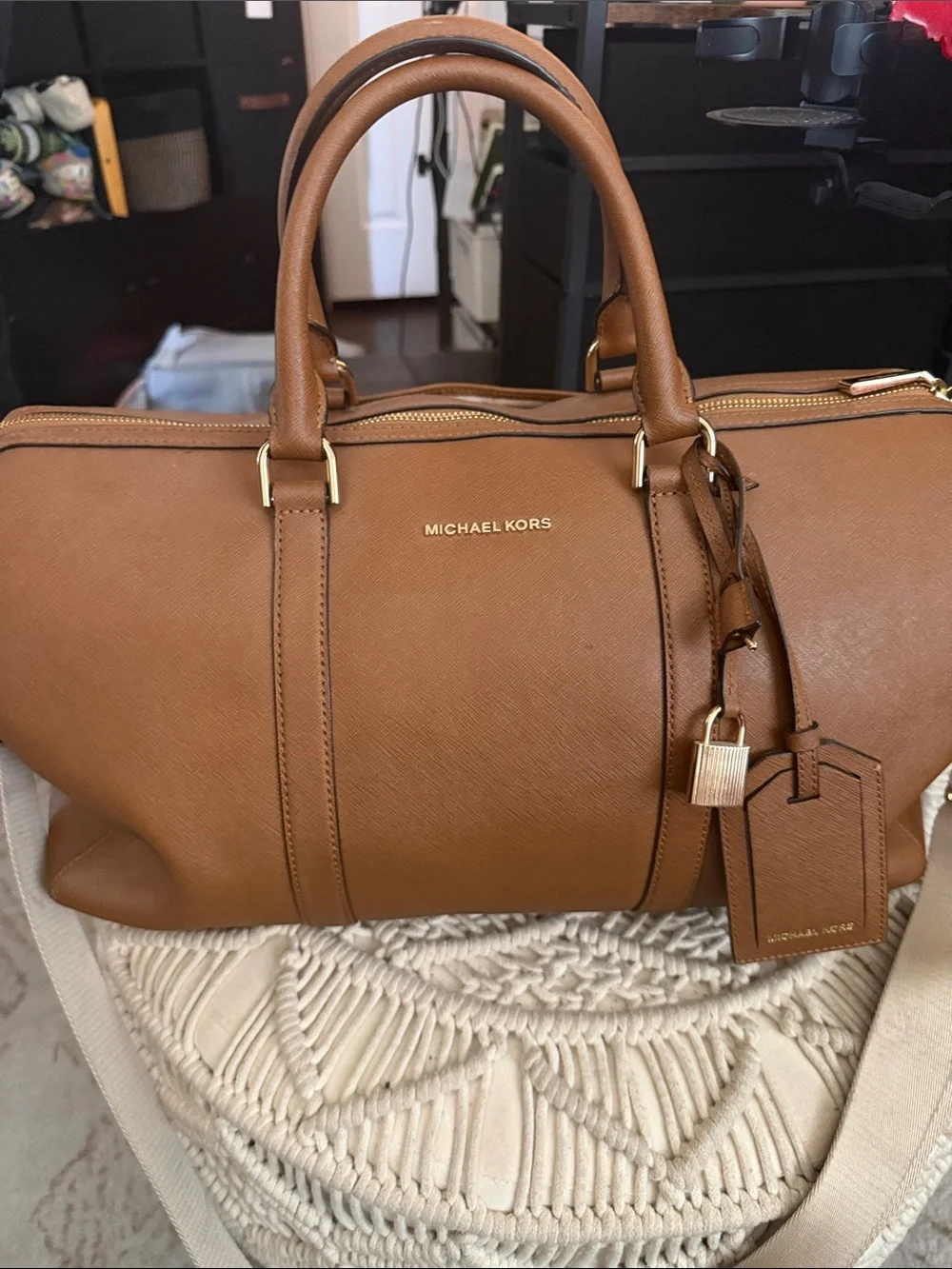 Michael Kors Brown Leather Duffel with Gold Hardware